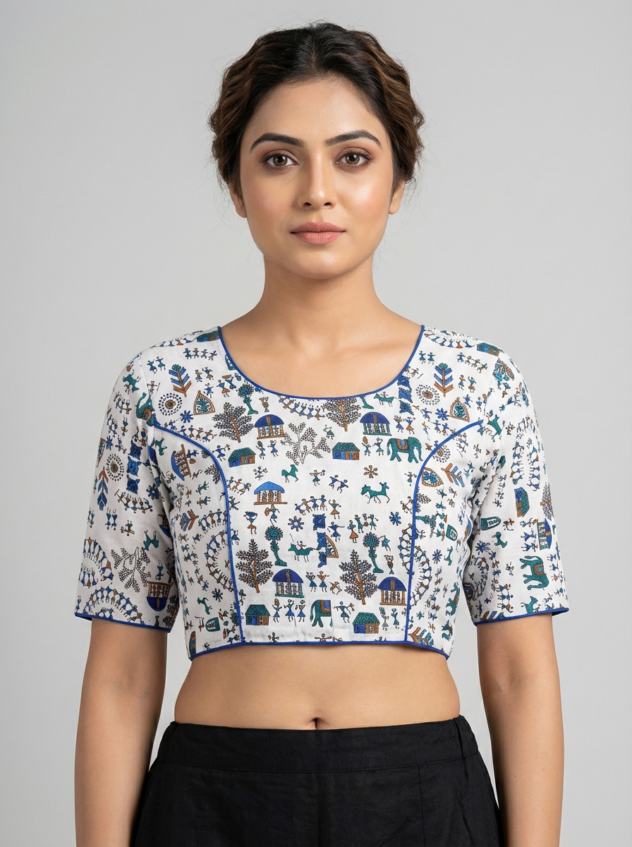 Cotton White Blue Madhubani Print Blouse
