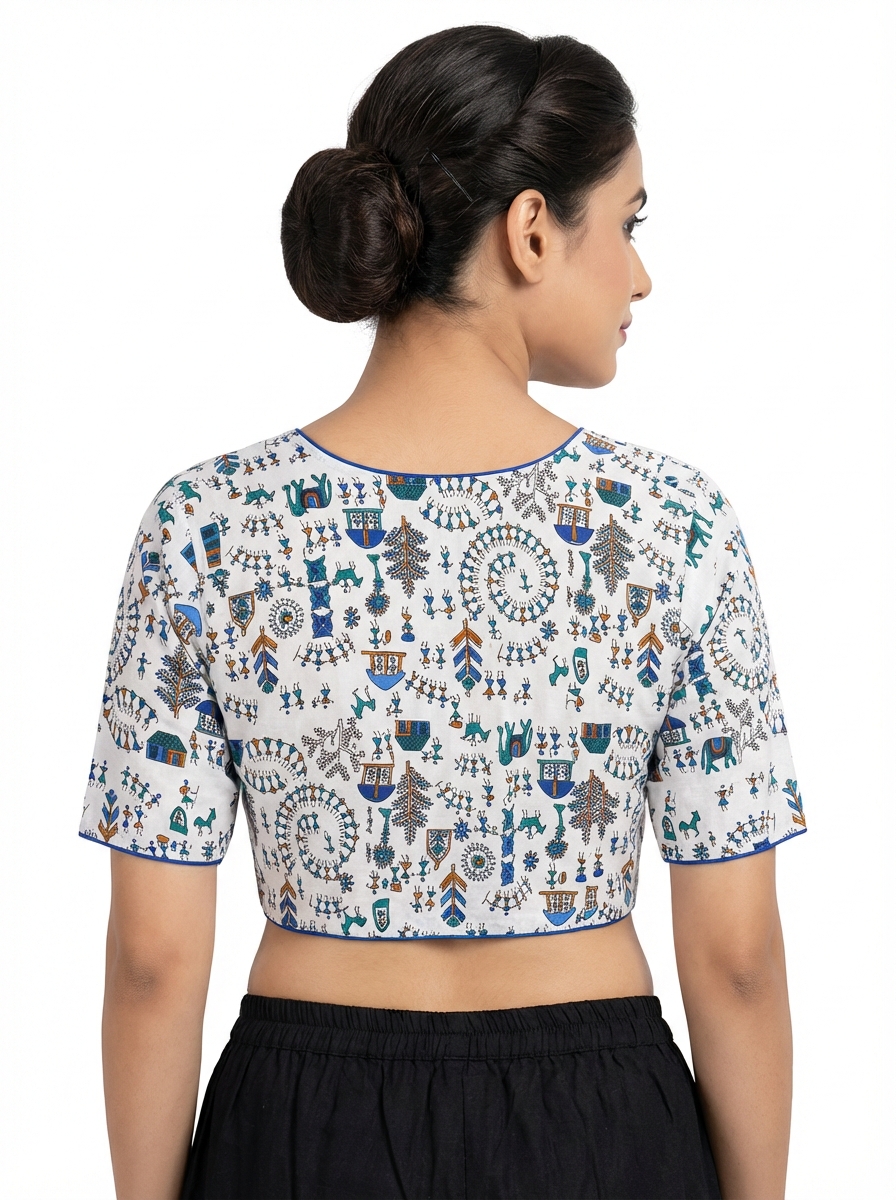 Cotton White Blue Madhubani Print Blouse