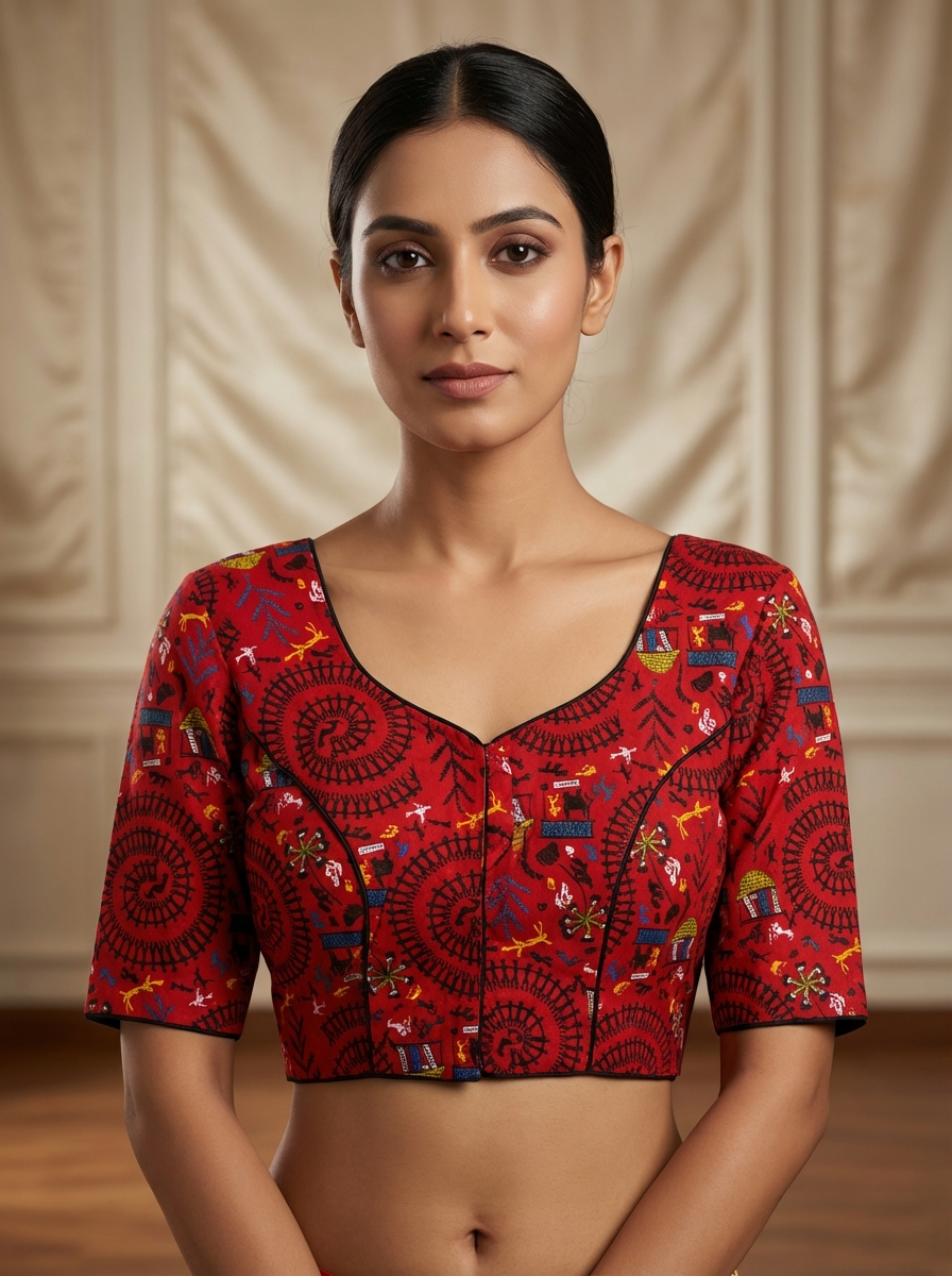 Red Madhubani Print Cotton Blouse