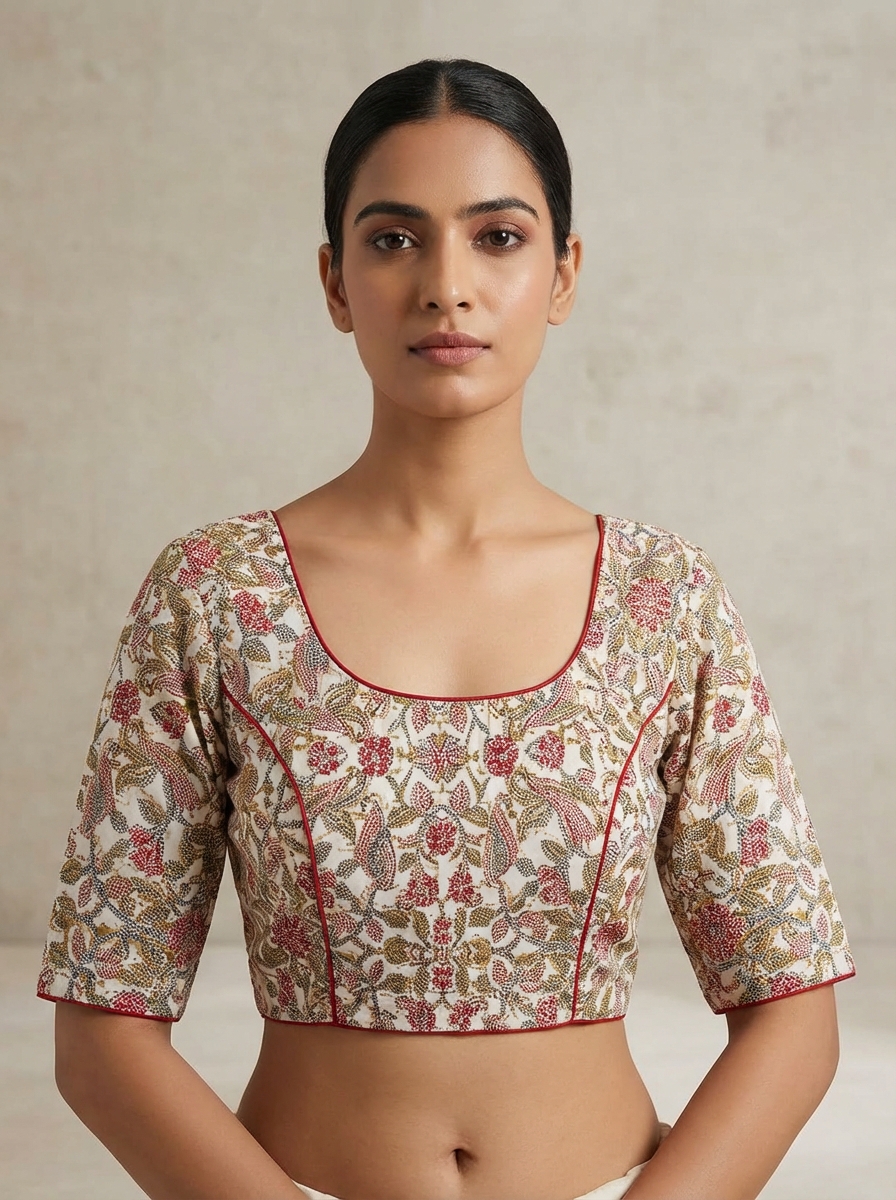 White Kantha Print Cotton Blouse